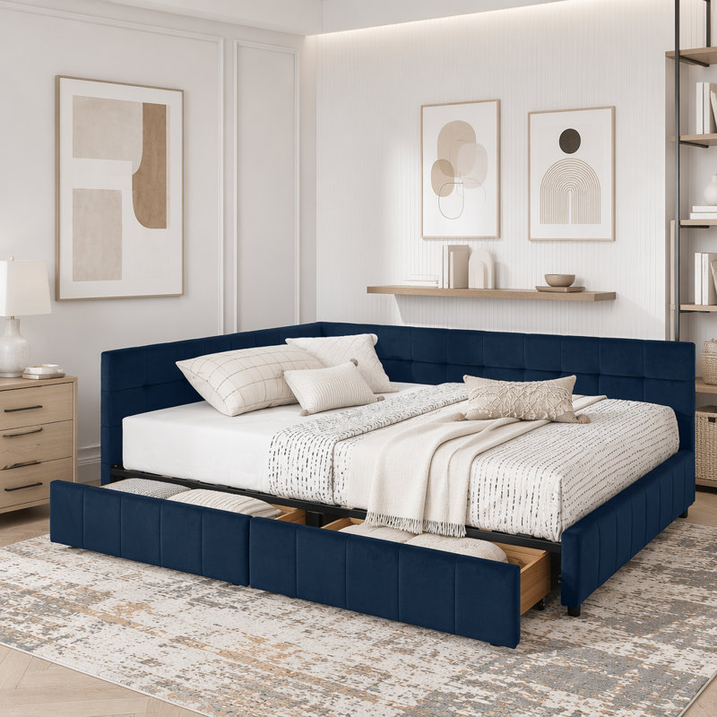 Grand lit de jour avec rangement capitonné en velours, Bleu très foncé