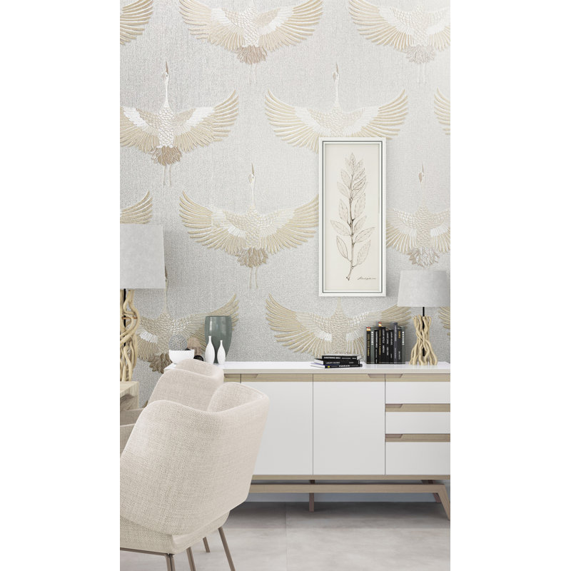 Amariyana Collection Textured Stork Design Wallpaper Roll, Beige