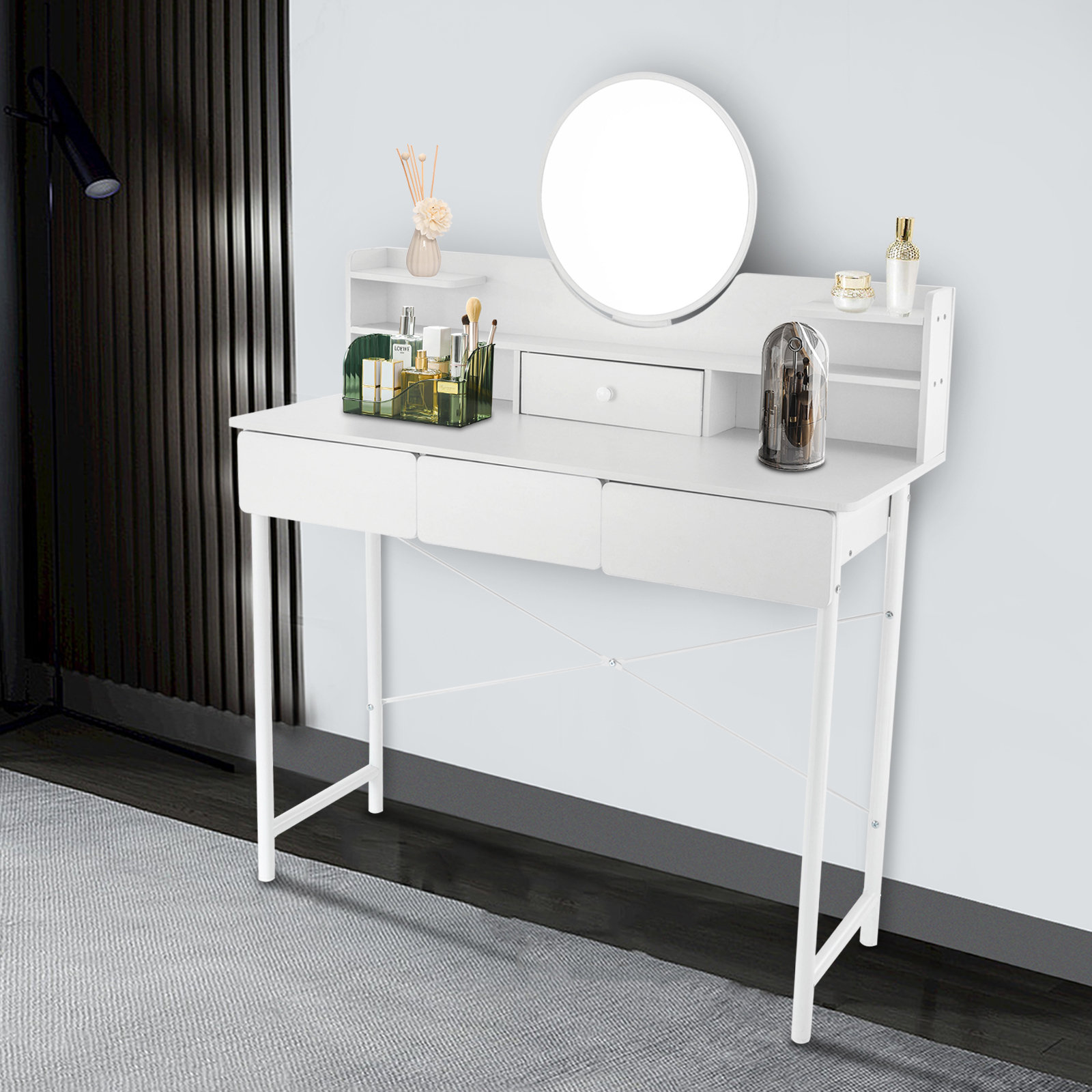 Makeup Vanity Table with Lighted Mirror, Vanity Desk with Storage Shelf and 4 Drawers, White Ebern Designs