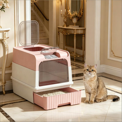 Compact Cat Litter Box, Fully Enclosed with Top Exit (Pink)