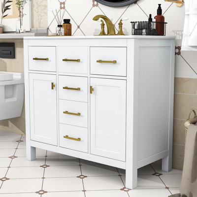 Meuble-lavabo simple en bois Voronica avec lavabo en céramique et rangement multifonctionnel