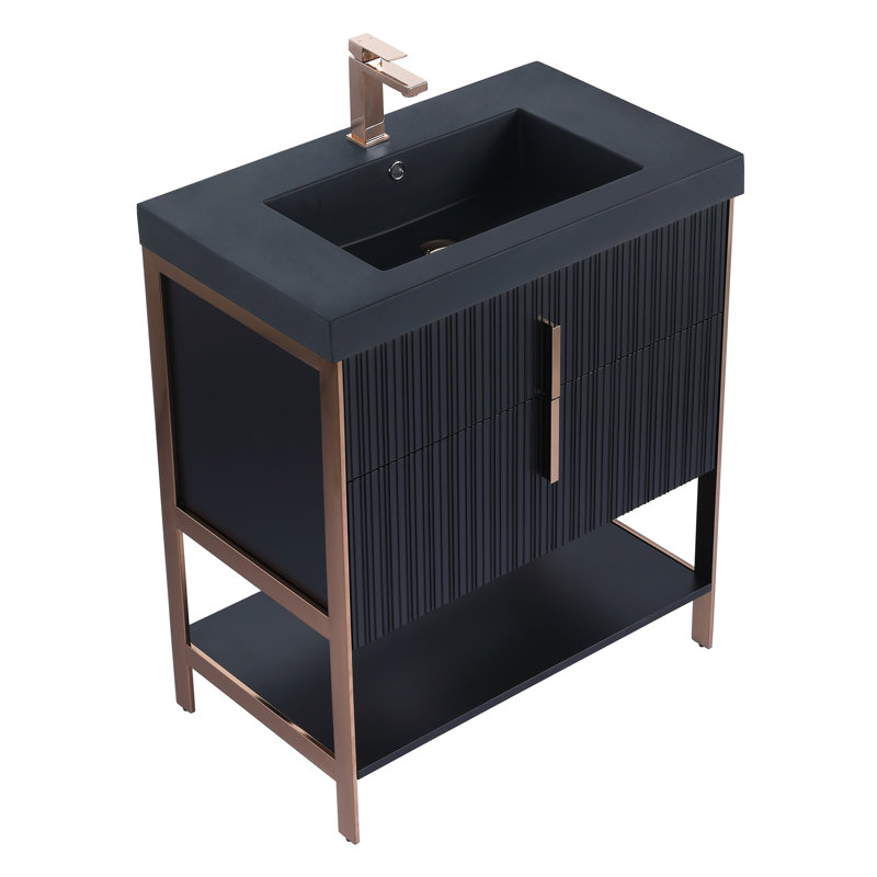  Serenity Modern Bathroom Vanity with Black Gel Acrylic Top, 30", Black Matte/Rose Gold, Black