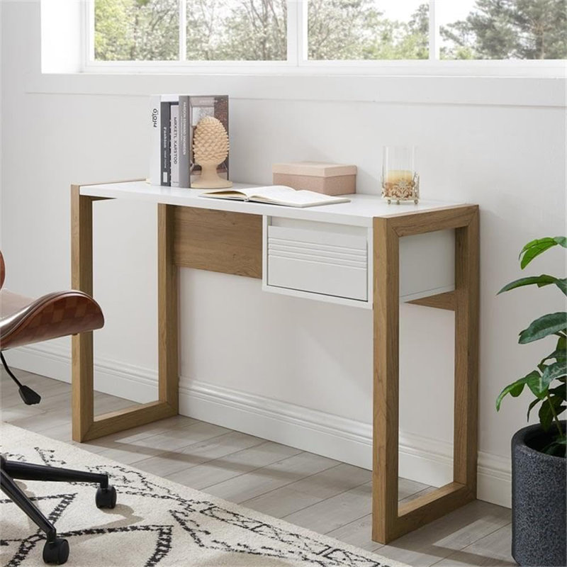 Modern Home Office Desk With Drawer, Fluted Door Details, And Two-Tone Design For Study Or Vanity Use
