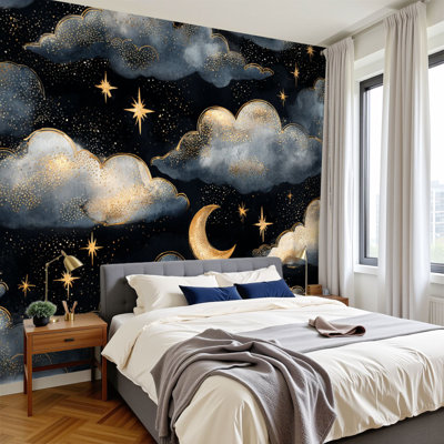 Papier peint adhésif auto-adhésif moderne l 144 po x H 100 po pour la chambre à coucher Ciel céleste céleste Golden Moons