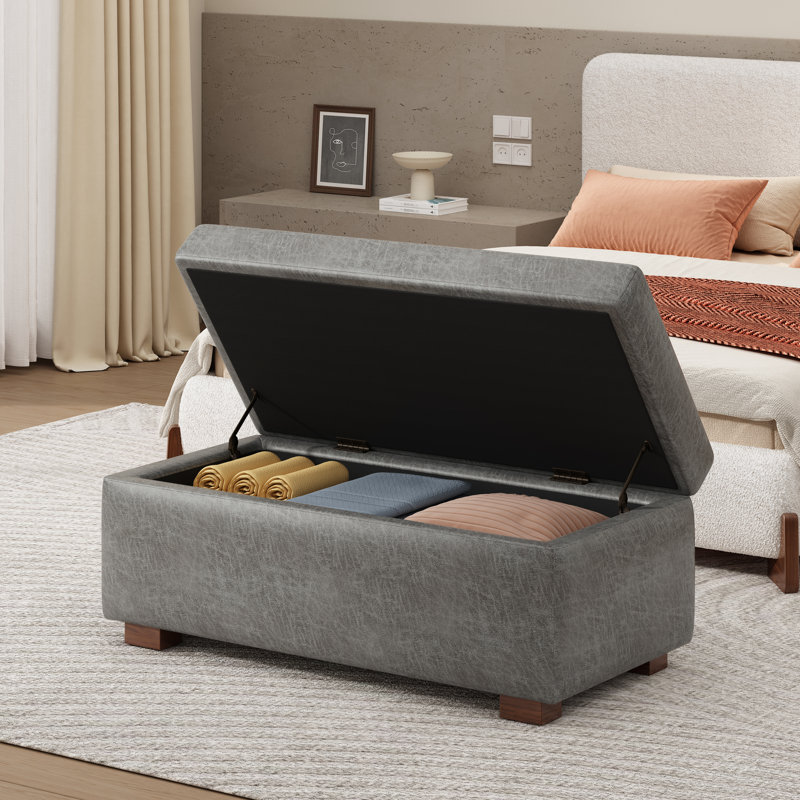 Kohen Rectangle Upholstered Storage Ottoman With Wooden Legs, Slate Microfiber/Microsuede