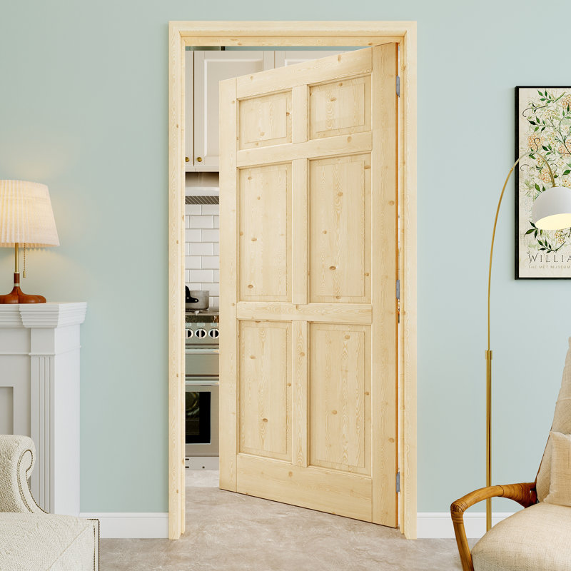 Porte pré-suspendue à 6 panneaux en bois de pin de 36 po x 80 po avec charnières argentées, bois de pin naturel, pouvant être peint et imperméable, combinaison pour la lessive, portes de placard, portes de pièce, droite