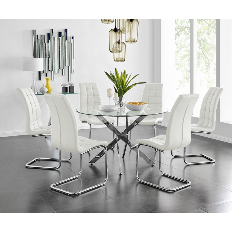 Tierra Modern Chrome Metal & Glass Round Dining Table Set with 6 Modern Faux Leather Chairs, White