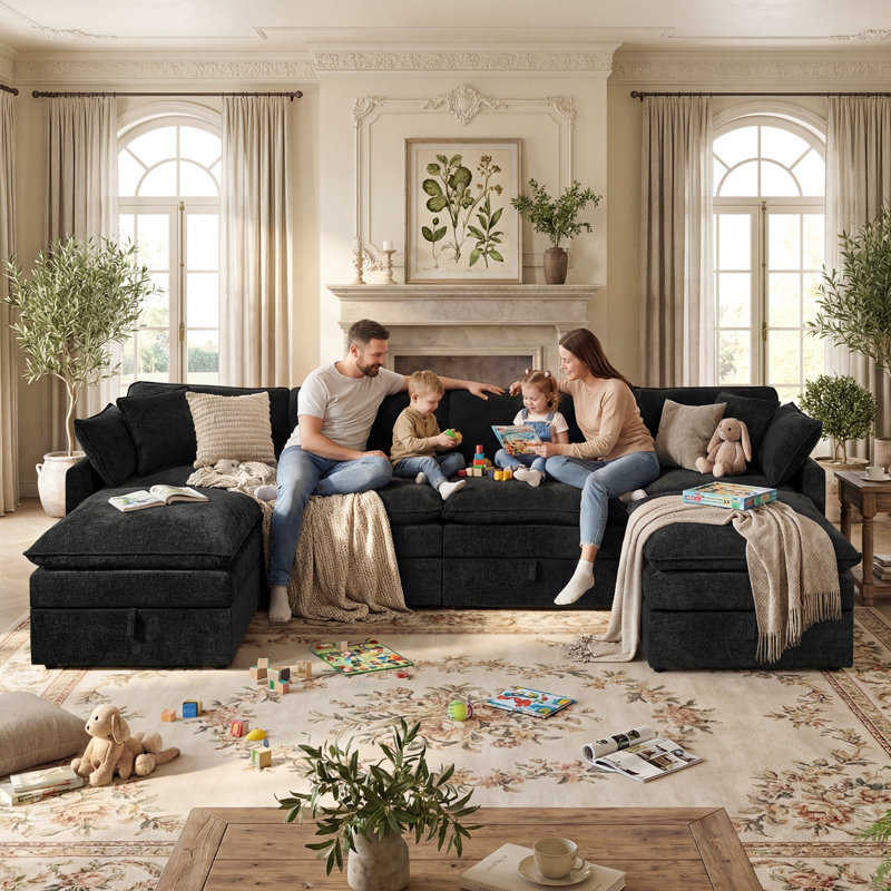 Canapé modulaire en U en chenille de 135 po avec sièges de rangement Greer, Chenille noir