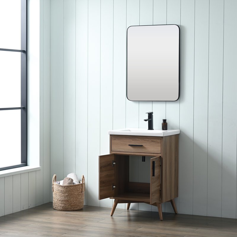 Binford 24'' Single Bathroom Vanity with Ceramic Top, Light Walnut/Matt Black