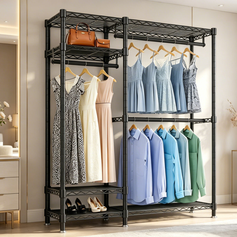 Portant à vêtements robuste en métal avec 6 tablettes réglables et 3 tringles de suspension