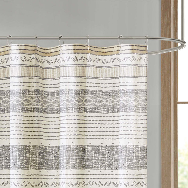Gray and Yellow Cotton Striped Shower Curtain with Tassels