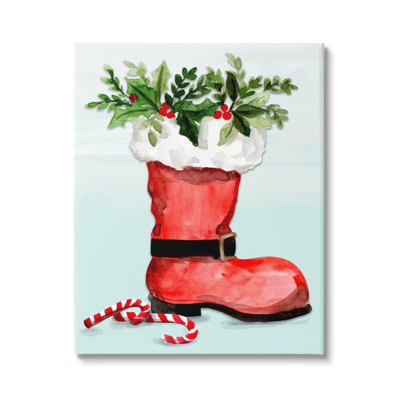 Rouge, botte de père Noël, bouquet botanique de houx, cannes de bonbon, art numérique sur estampe numérique par Kate Eldridge
