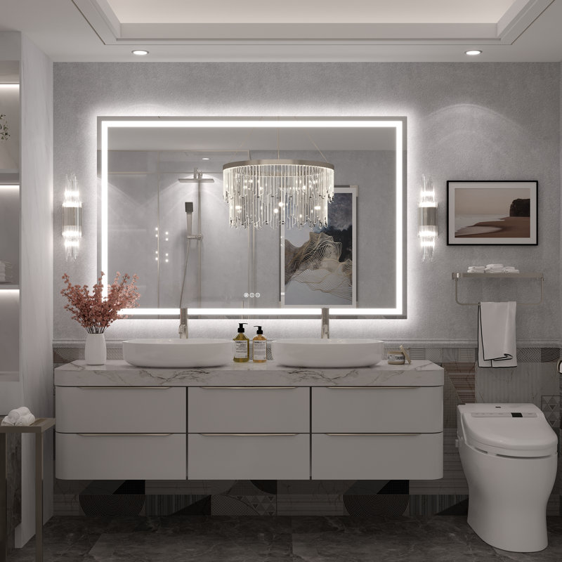 Molly Framelss or Framed LED Anti-Fog Tempered Glass Wall Bathroom Vanity Mirror - UL Certified, 55" x 36", Clear