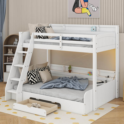 Twin Over Full Bunk Bed With Storage Shelves, LED And Drawer