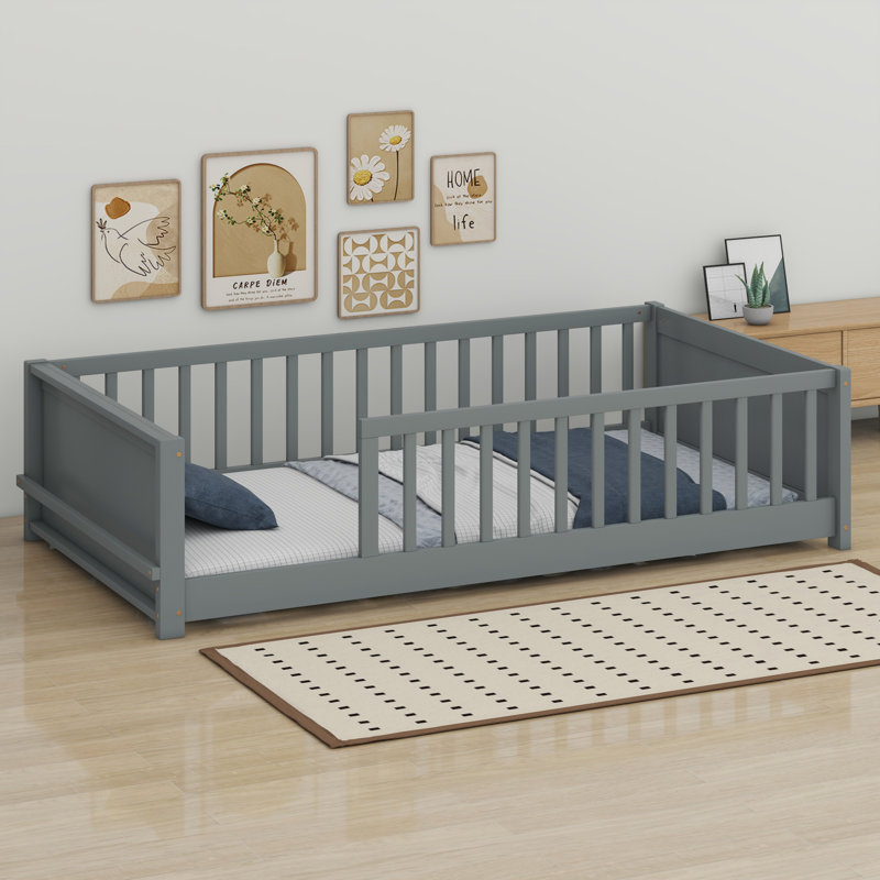 Floor Platform Bed With Built-In Book Storage Rack, Gray