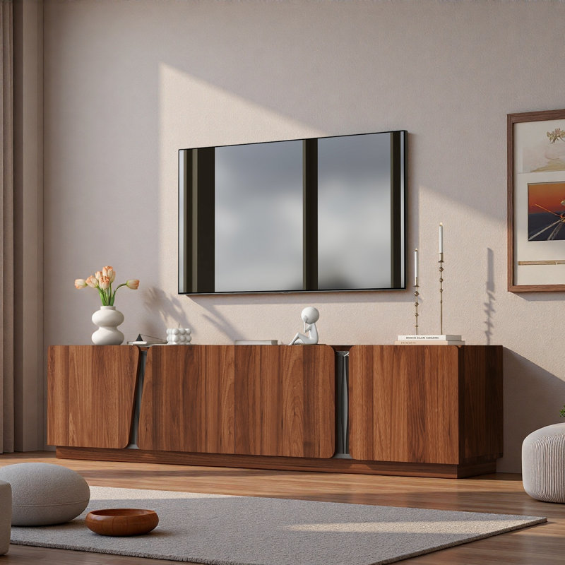 Meuble télé moderne avec coins arrondis, plateau en marbre et tablettes réglables, Tigre
