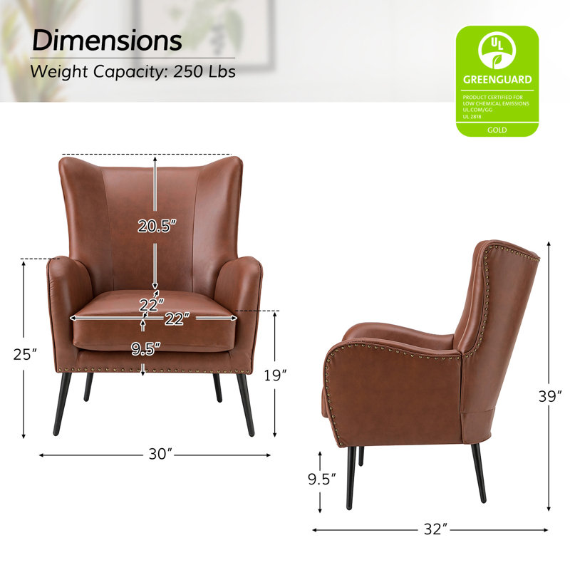 Fauteuil à oreilles 30 po Ebbert, Cuir brun végétalien