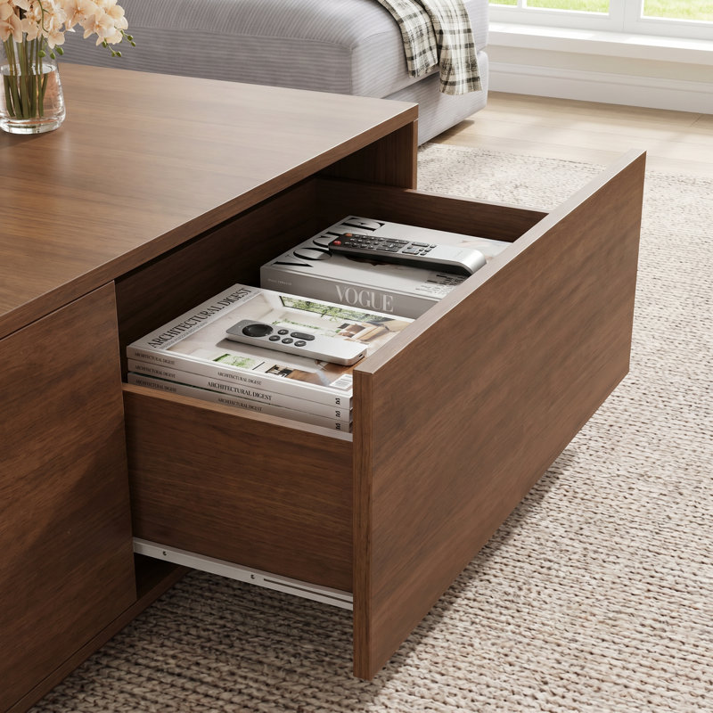 Table basse 33,25 "carrée avec 4 tiroirs - Rangement moderne noyer, Noyer