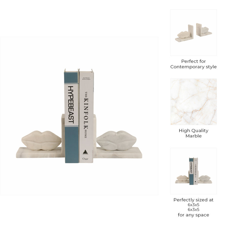 Bookends Marble Stone Lip-Shaped Sculptural Design 6x3x5 Inches White Contemporary Modern for Home Office Set of 2