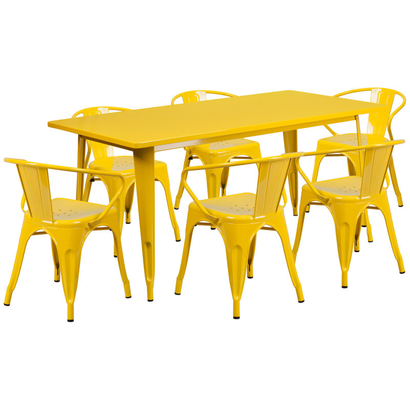 Lubron 31.5'' x 63'' Rectangular Metal Indoor-Outdoor Table Set with 4 Arm Chairs, Yellow, 7