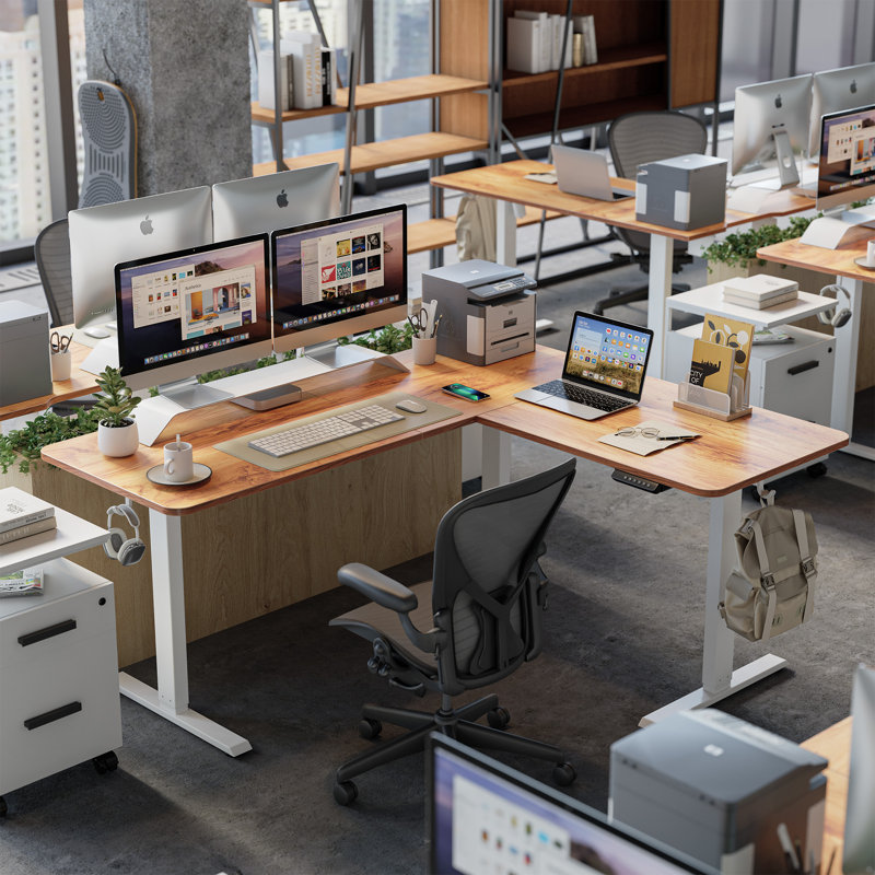 Adjustable L-Shaped Standing Desk, 28.3" H x 63" W x 55" D, Light Walnut/White