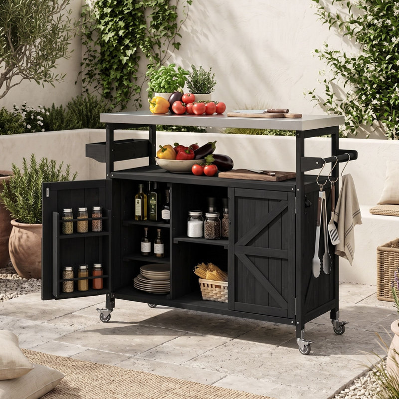 Îlot de cuisine extérieur avec roulettes verrouillables, support, armoire de rangement et tablettes