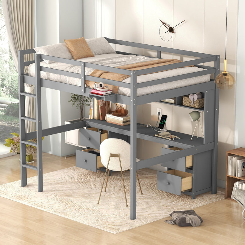 Lit mezzanine double avec bureau, armoires, tiroirs et plateau de chevet, station de charge, Gris