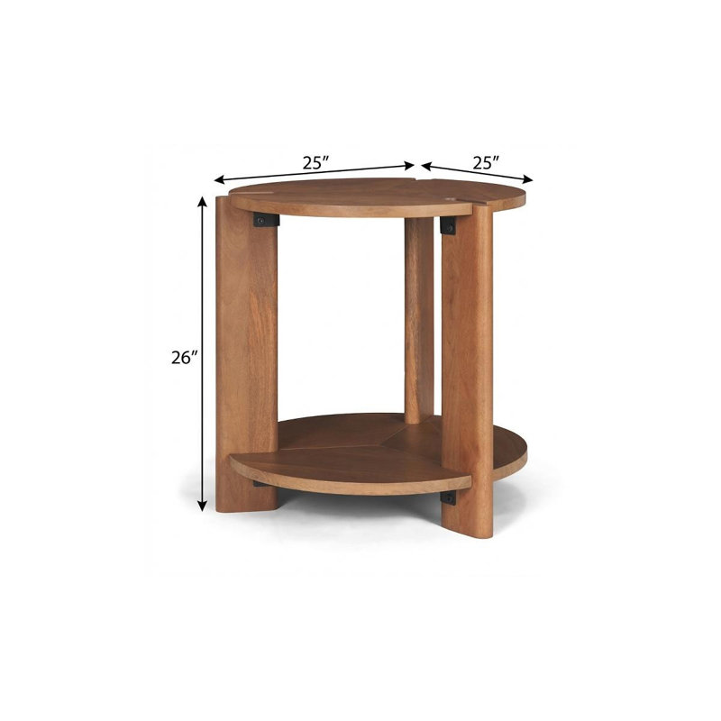 Table d'appoint ronde de 66 cm (26 po) en bois massif brun avec tablette