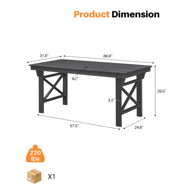SeeHill HDPE Outdoor Dining Table, 66.9â€ Rectangle Patio Dining Table for 6, All-Weather HDPE Outdoor Table with 2.2â€ Umbrella Hole, HDPE Patio Furniture for Deck, Backyard, Garden, Pool