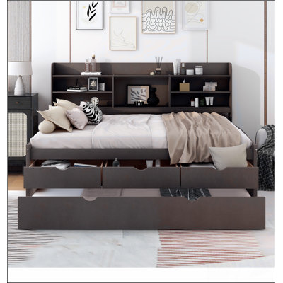 Wooden Captain Bed With Built-In Bookshelves,Storage Drawers And Trundle
