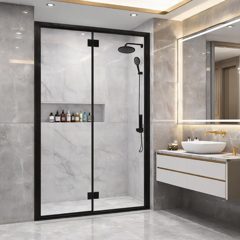 Porte de douche pliante à charnières pivotantes semi-encadrées, noir mat, de 81 à 84 cm (32 à 33 pouces), avec verre trempé de 6 mm et installation réversible