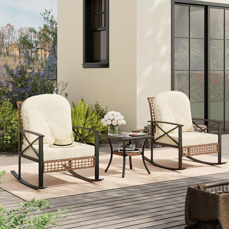 3 Pcs Outdoor Patio  Rocking Rattan Conversation Set Wicker Patio Furniture With Thick Cushions Rocker Chair And 2-Tier Coffee Table For Garden, Porch, Backyard