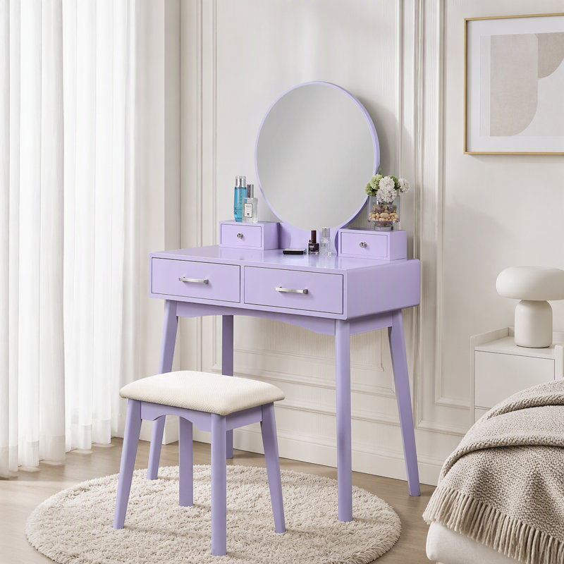 Ensemble de coiffeuse moderne en bois avec miroir rond et rangement, Mauve