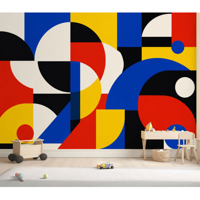 Wall Mural Peel and Stick Wallpaper Abstract Geometric Art Bold Shapes Blue Red Yellow Black White Self-Adhesive Removable Contact Paper Wall Decor for Living Room Bedroom 69"H x 96"W