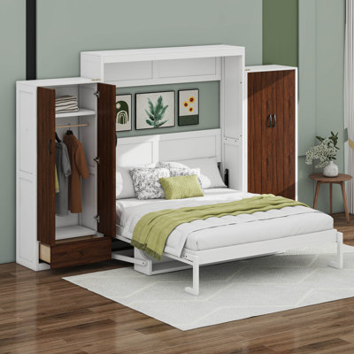 Murphy Cabinet Bed With LED Light, Desk Wardrobe Storage Drawers