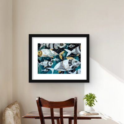 School of Fish Gray Framed Matted Print for Home Decor