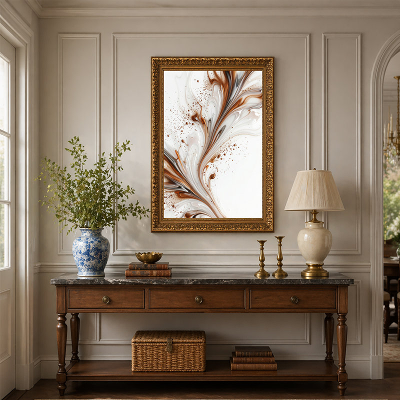 Art mural sur toile tourbillonnant en bronze métallique et blanc, 30"H x 20"W