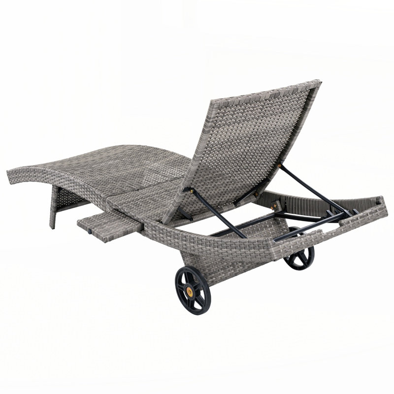 Outdoor Rattan Reclining Lounge Chair w/ Rolling Wheels & Pull-out Side Table, Grey
