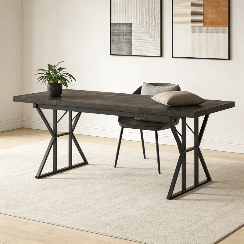 Rectangular Computer Desk With Dark Wood Brown Top And Black Metal Base For Office, Dark Brown/Black