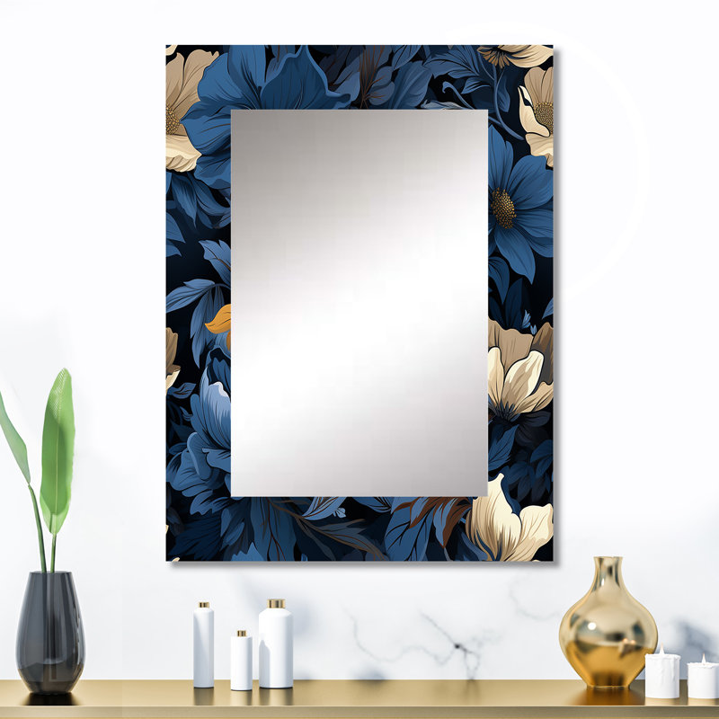 Heflin Nightfall Dark Blue And White  Floral Pattern - Floral Large Wall Mirror, Cottage Decorative Mirror, Printed Metal Art