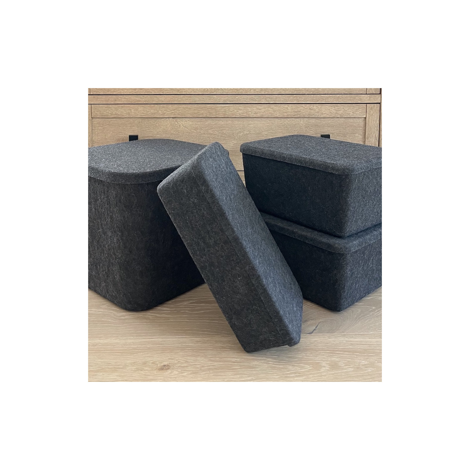 Sculpted Felt Storage Bin - Long with Lid, Black