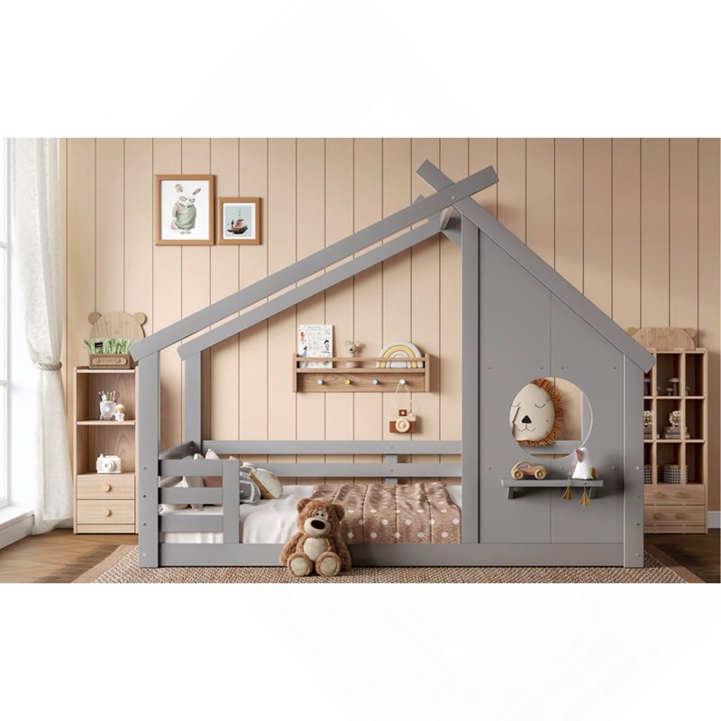 Lit double pleine grandeur avec fenêtre et petite tablette, lit de sol massif avec toit en forme de maison, sans sommier, gris