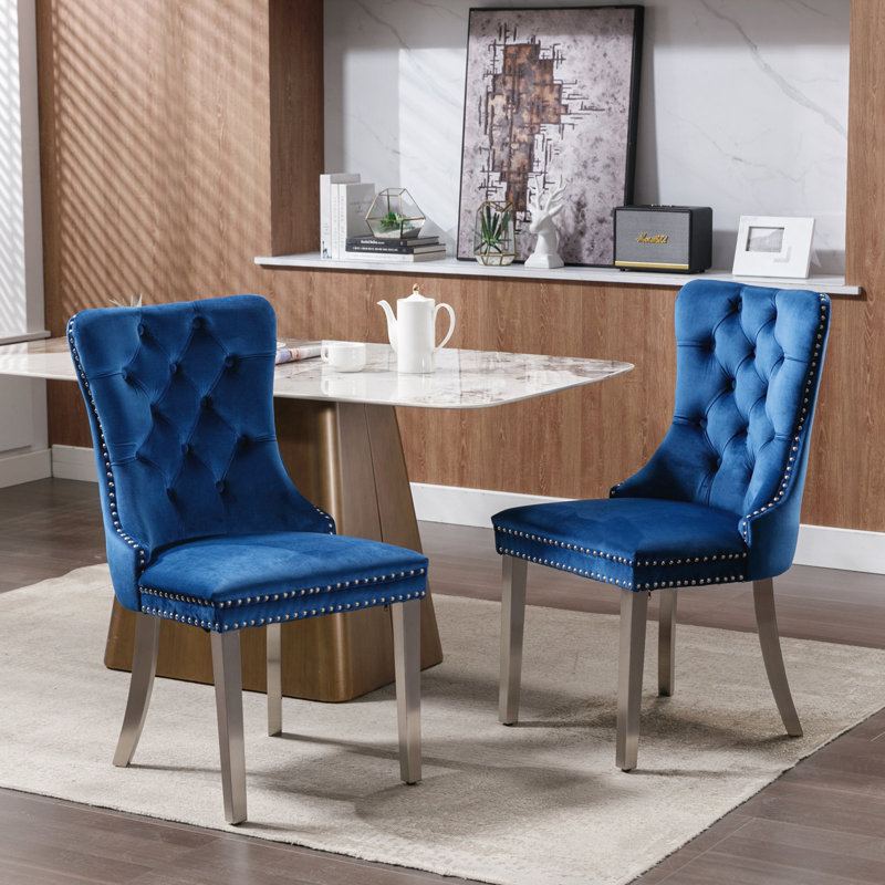 Chaise rembourrée haut de gamme contemporaine en bois massif touffeté, Bleu, Argent
