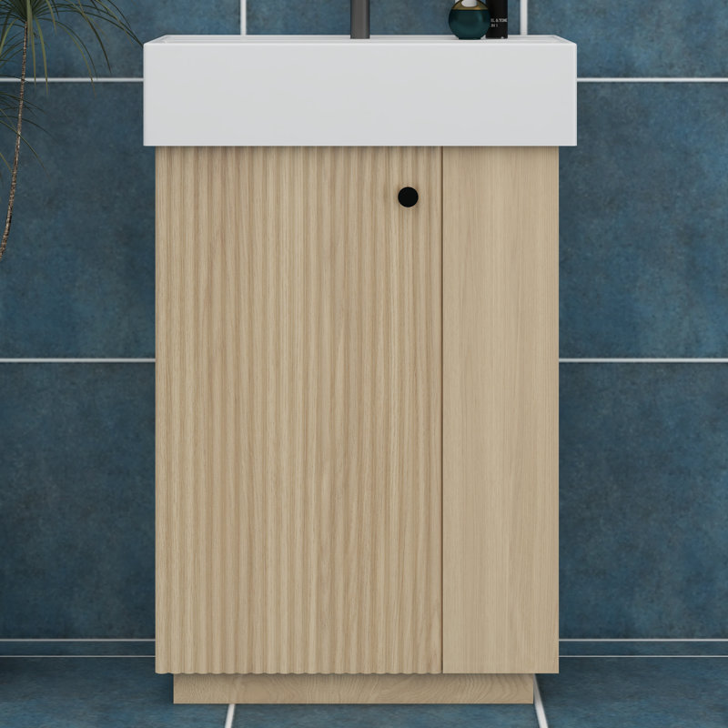 Petit meuble-lavabo 21,6 po avec lavabo en céramique, meuble-lavabo étroit avec porte gauche et tablettes ouvertes à droite