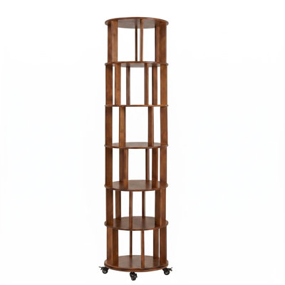 Bibliothèque tournante en bois massif à 6 niveaux avec roulettes, bibliothèque pivotante à 360 ° pour les petits espaces, salon, bureau, noyer