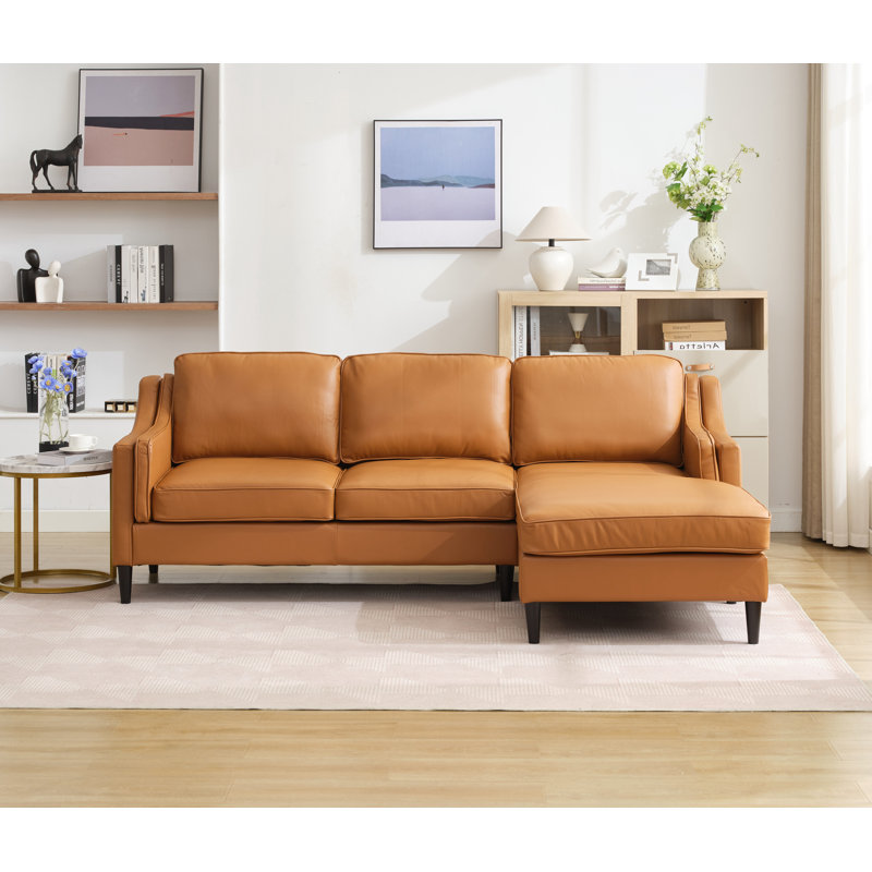 Canapé en L en cuir véritable de style moderne avec méridienne, Chaisev, Cuir véritable brun clair, Orienté à droite