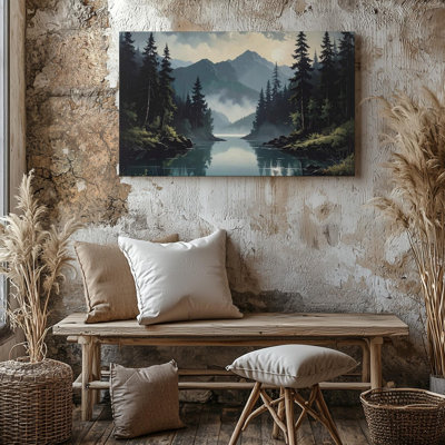 Twilight Reflection Lake Serene Mountain Valley With Evergreens And Mist Wall Art Canvas Ready To Hang Gallery Wrapped Home Decor Decor