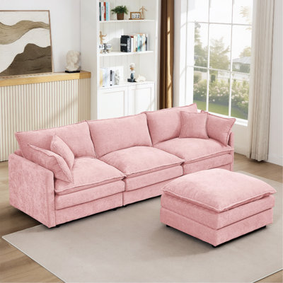 Canapé modulaire modulaire, ensemble de canapé en forme de L de 102 po pour le salon, canapé à 3 places confortable avec repose-pieds mobile, combinaison de bricolage, chenille, rose