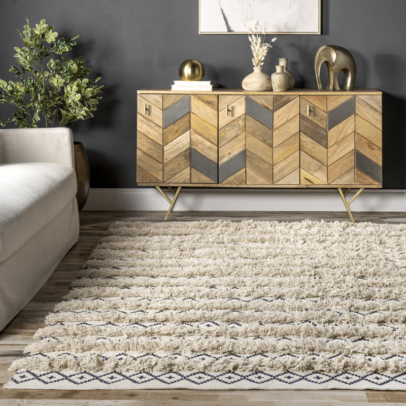 Tapis ivoire / bleu marine en coton touffeté à la main Laurens, Rectangle 4 pi x 6 pi