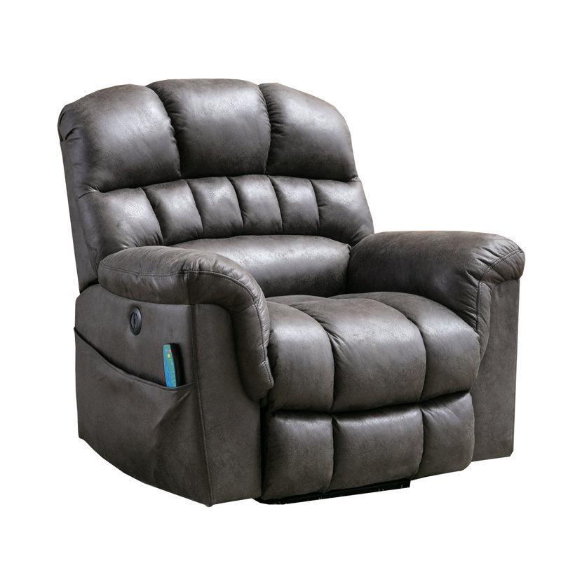 Très grand fauteuil inclinable électrique en cuir 42 po avec chauffage et massage, Similicuir gris